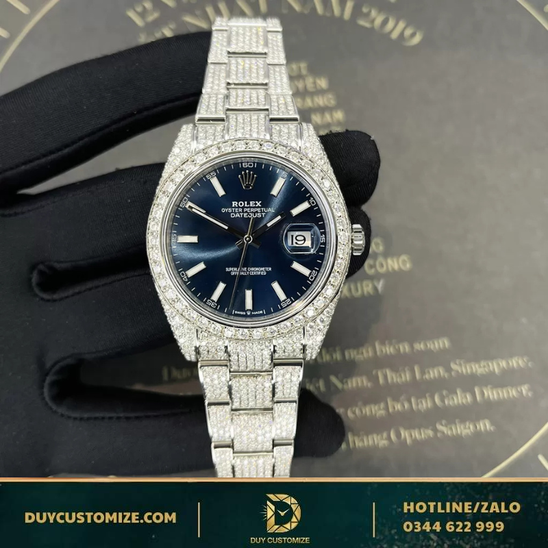 Rolex Datejust 41 Replica 1:1 Watch, Blue Dial, Luminous Hour Markers, Full Diamonds