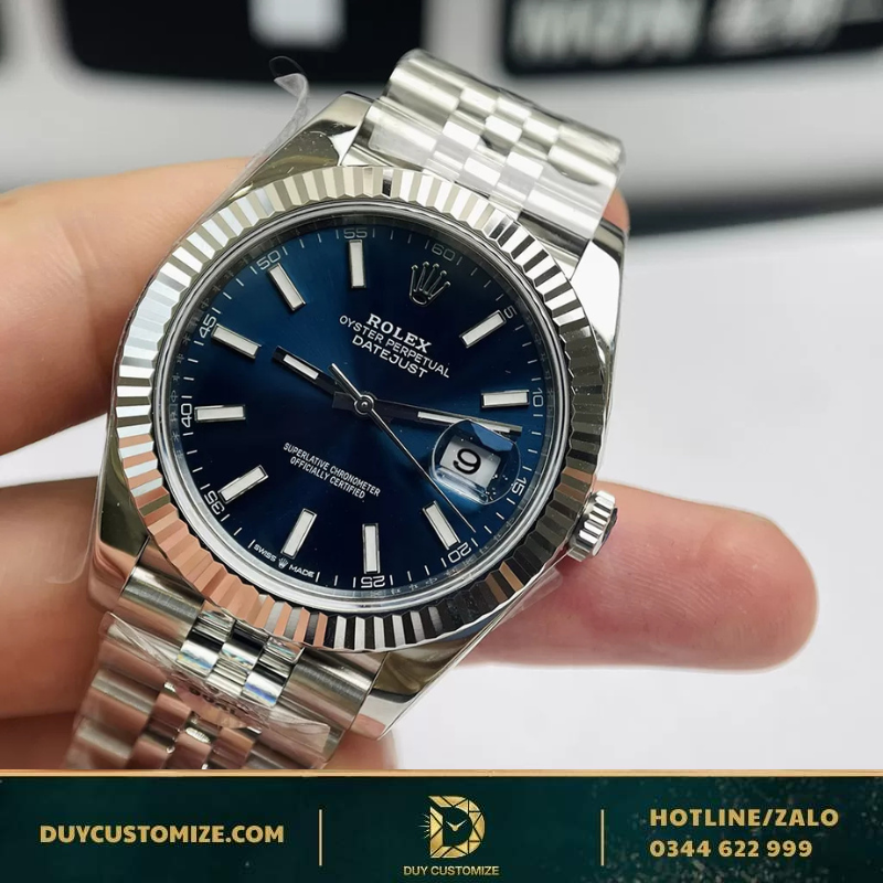 Rolex Datejust Replica with Blue Dial and Luminous Hour Markers