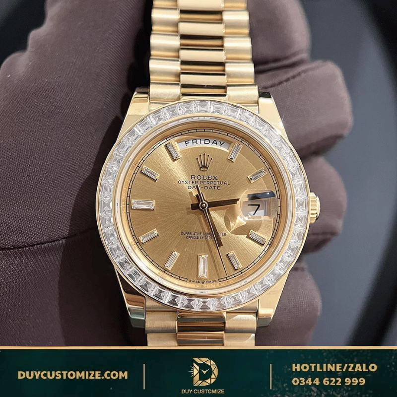 Rolex Day-Date Rep1:1 40 228238 Champagne Gold Dial with Diamond Setting and Bagutte Diamond Bezel